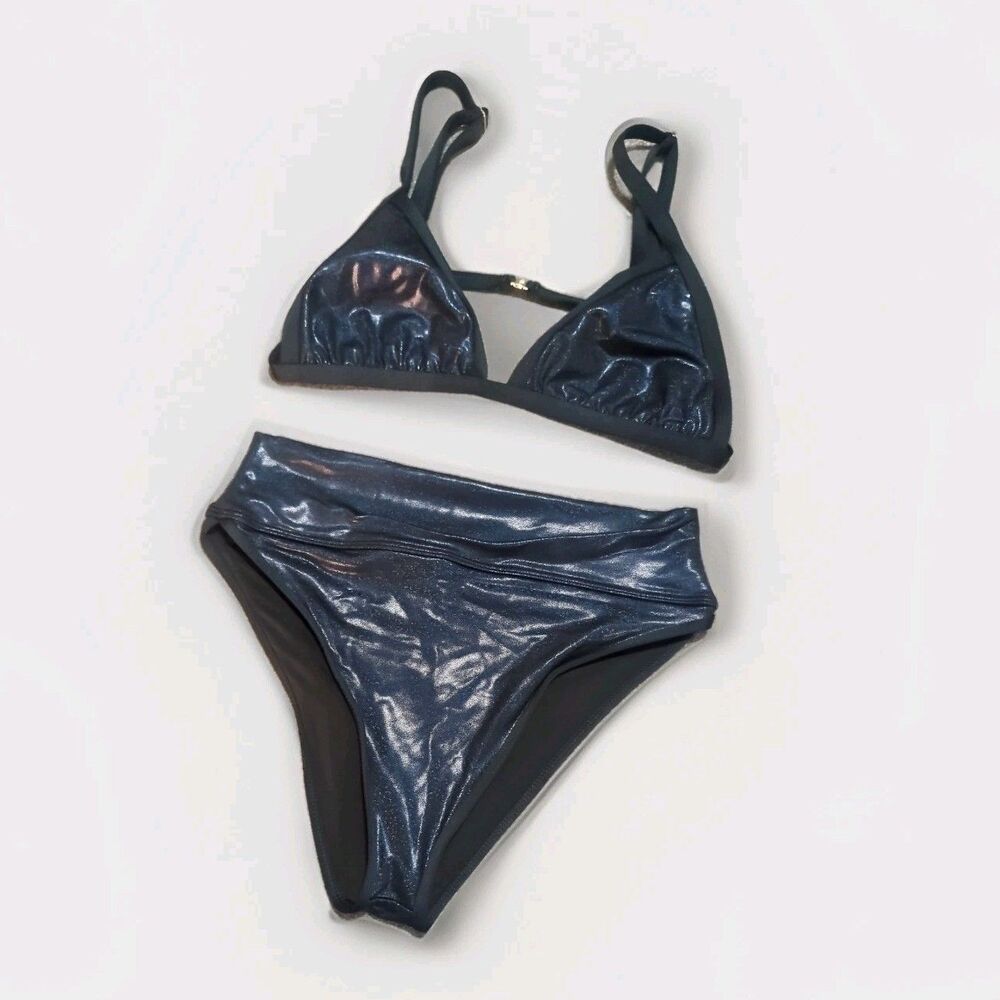 Beach Riot Bikini Sz L 2pc SHIIMMER SHADOW Ella High‎ Waist Bottom Triangle Top